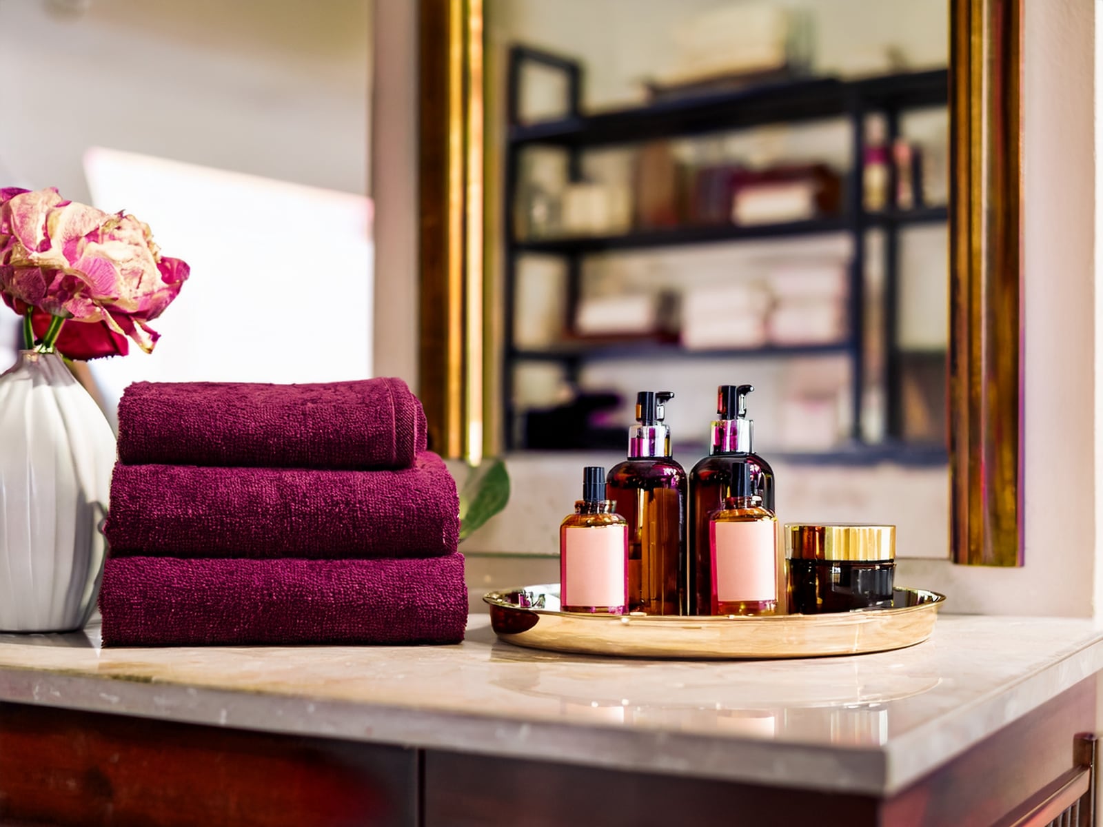 A brass tray of unbranded skincare beside folded aubergine towels on a warm stone surface.