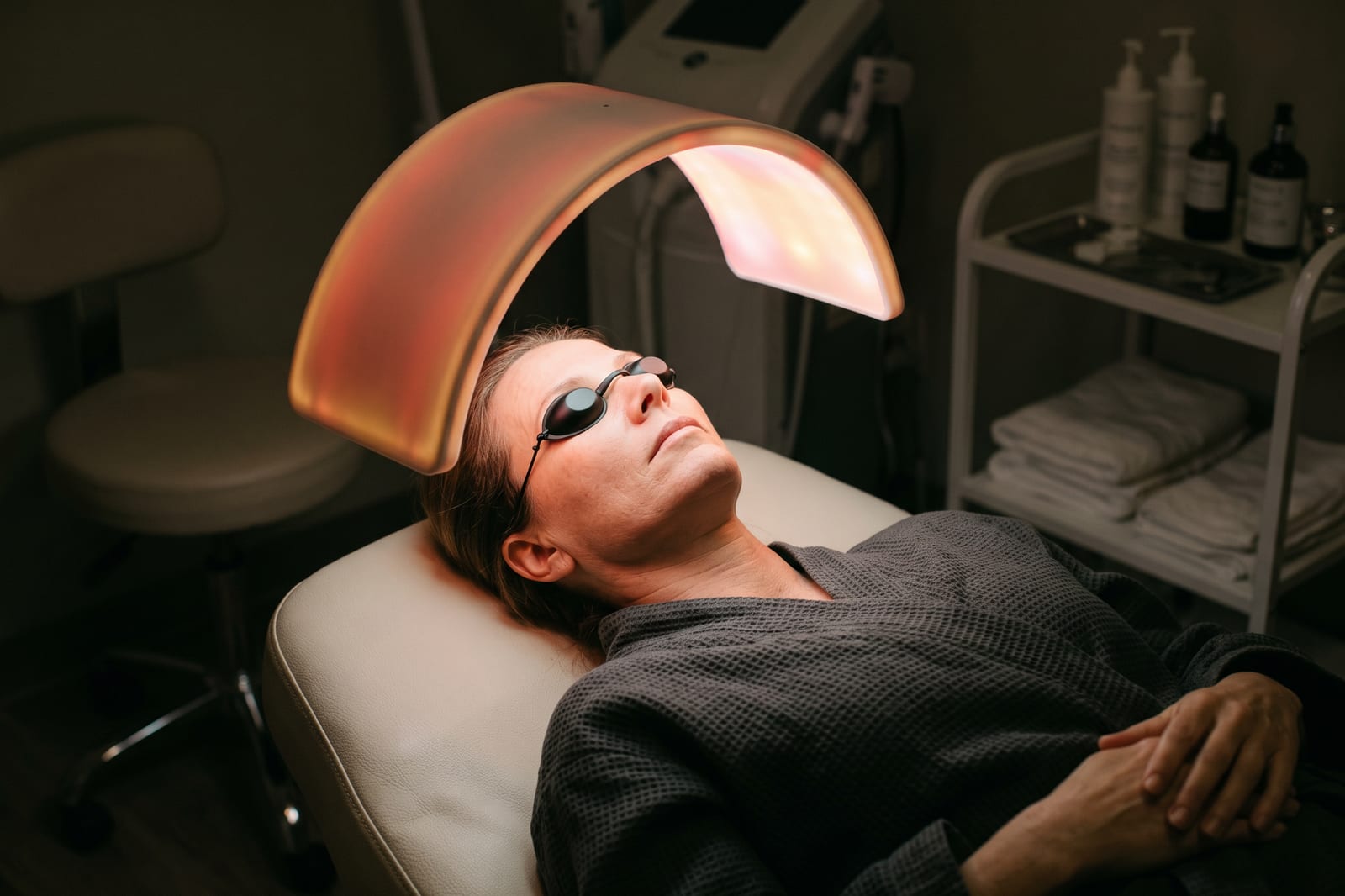 A client reclining with opaque eye covers beneath a plain arc of soft red and amber light.