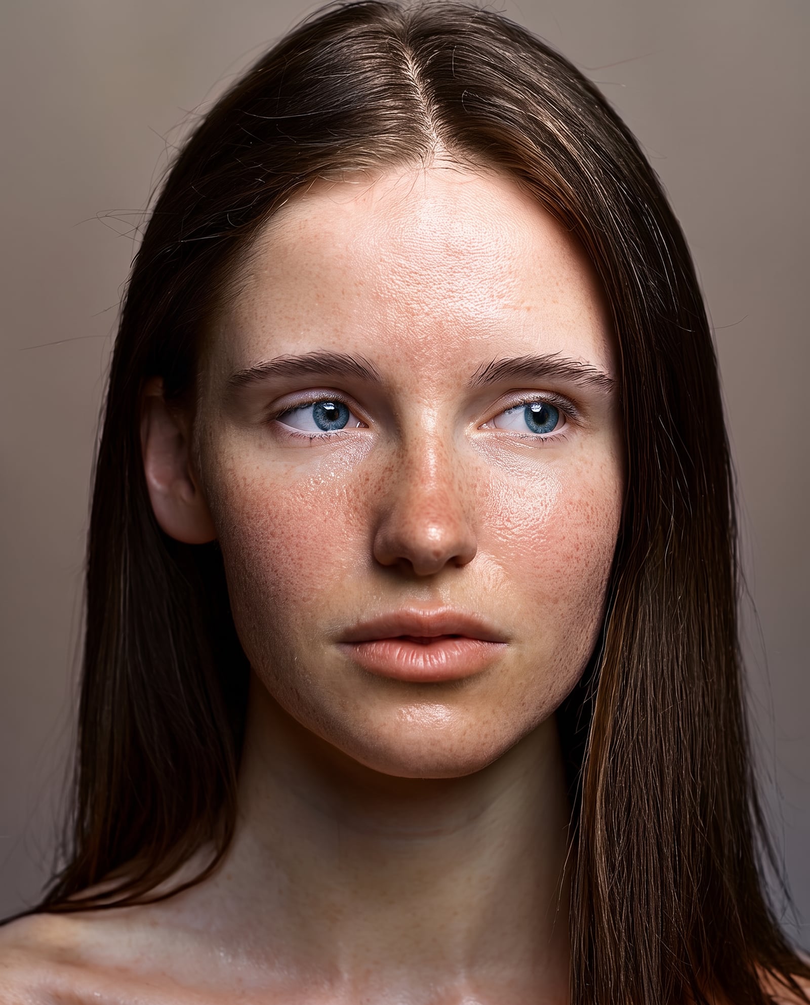 The same woman in identical light and framing, her skin fresher and plumper, with natural texture and freckles still visible.