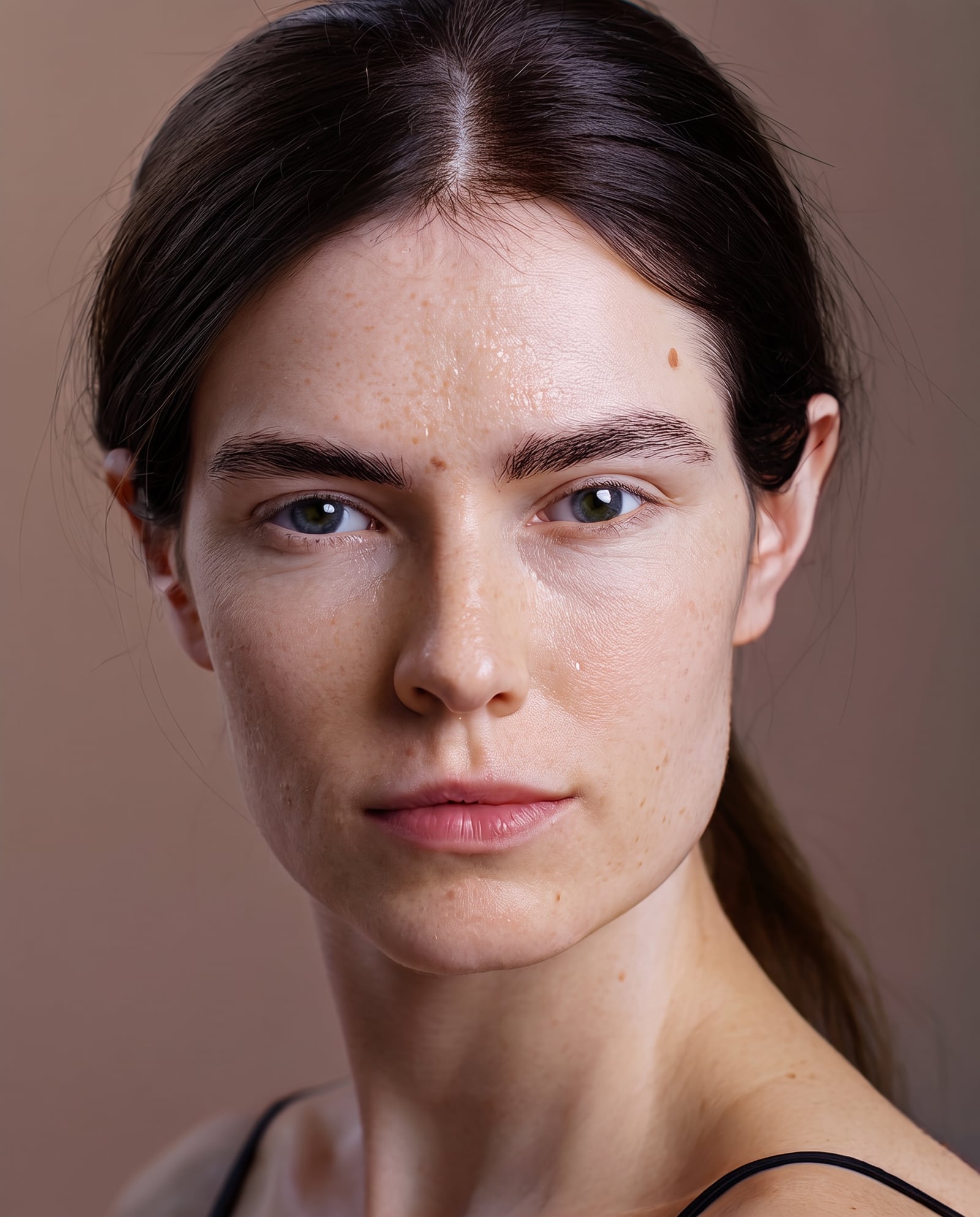 The same woman in identical light and framing, the sun marks lighter and her tone more even, with texture and some freckles still visible.