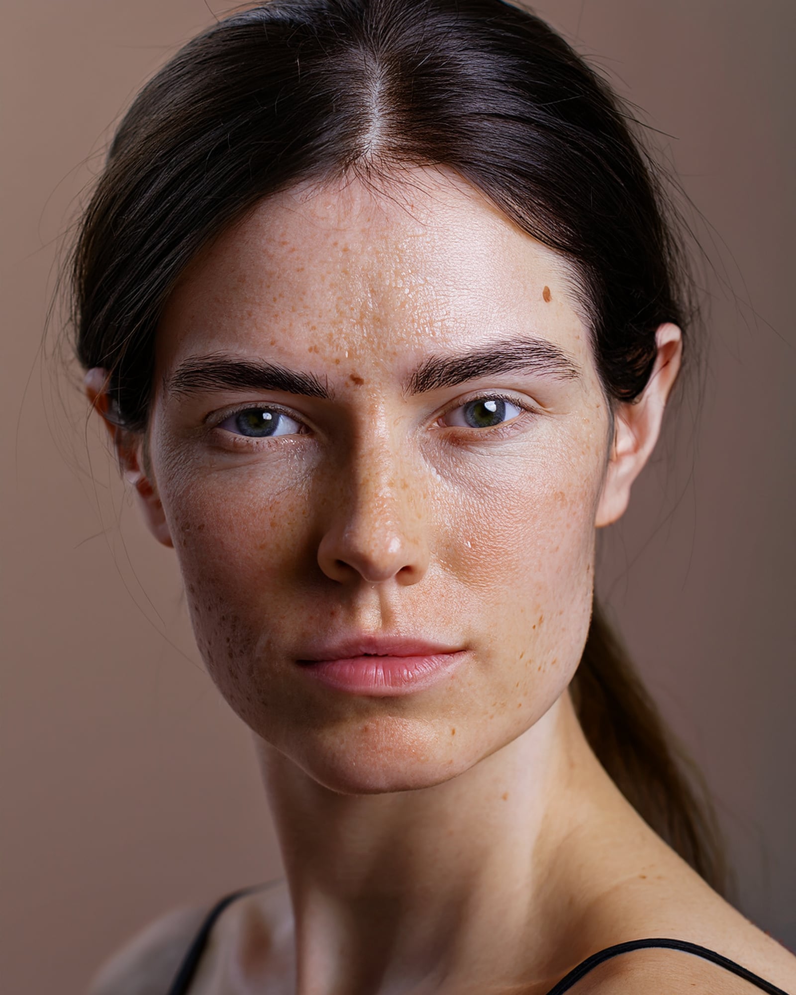 A woman photographed in flat daylight against plain plaster, with brown sun marks across her cheeks and forehead.