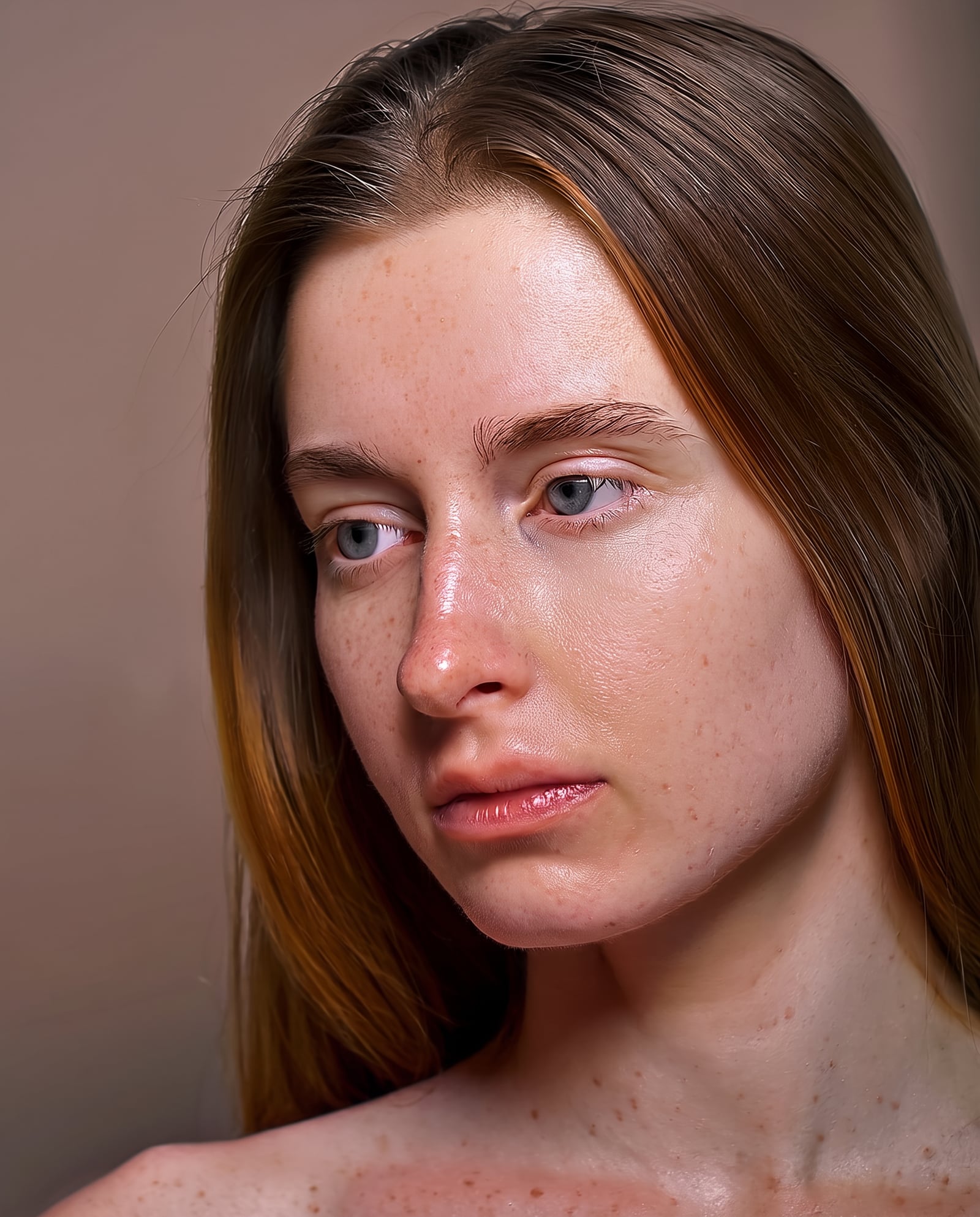 The same woman in identical light and framing, the cheek smoother and more even, with pores, freckles and natural texture still visible.