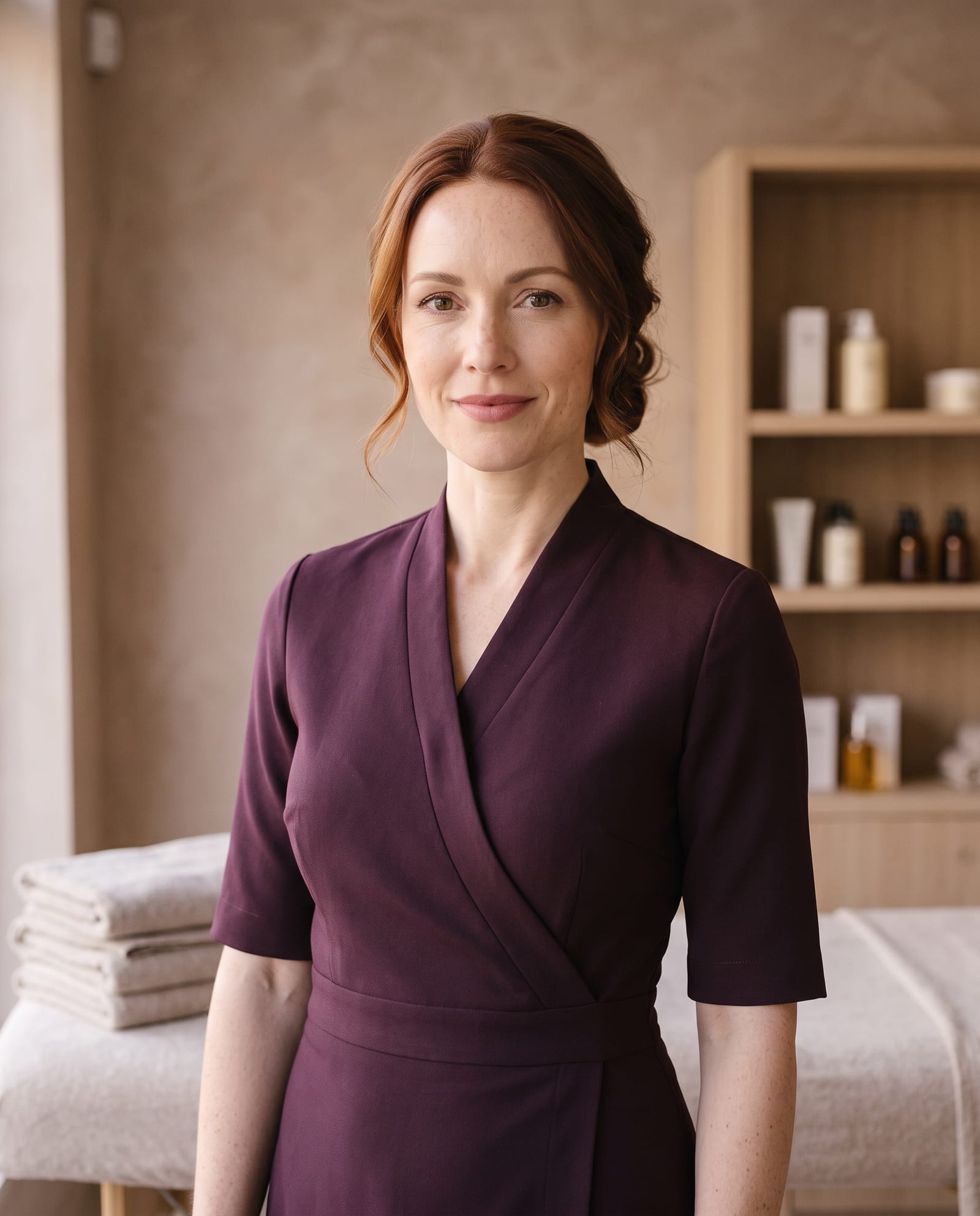 Chloe Bennett in a deep aubergine wrap-front tunic, in the studio beside folded towels.