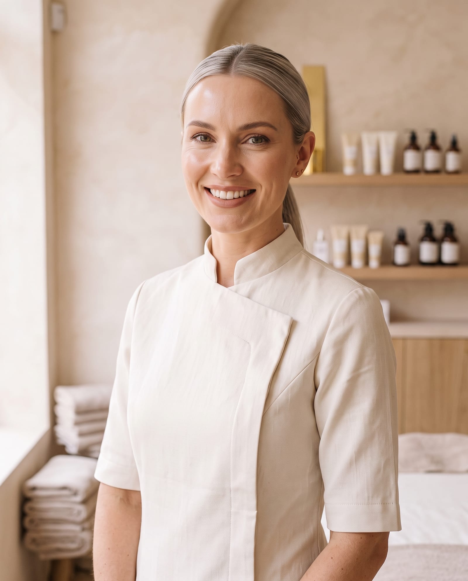 Sophie Harrington in a warm ivory mandarin-collar tunic, in the studio beside the shelves.